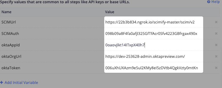 Sample values for CRUD test variables. Runscope initial variables